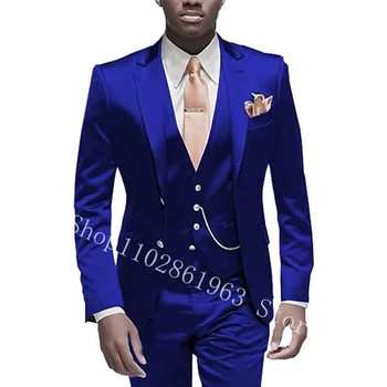 Yeni Varış Saten Erkek Takım Elbise Slim Fit Çentikli Yaka İki Düğme 3 Adet Erkek Takım Elbise Groomsmen Düğün Smokin Trajes De Hombre