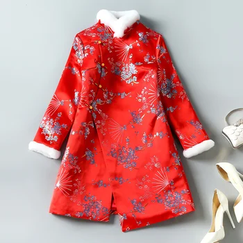 Kış Kırmızı Qipao Kadın Moda Vintage Kalınlaşmak Çin Geleneksel Zarif Cheongsam Çin Yeni Yılı Giyim Abiye