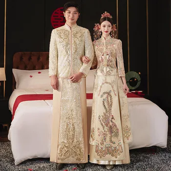 Şampanya Çin Zarif Sequins Boncuklu Nakış düğün elbisesi Zarif Mandarin Yaka Kadın Erkek Evlilik Cheongsam