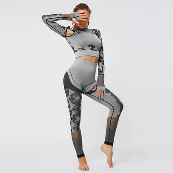 Dikişsiz Kamuflaj Yoga Seti Spor Spor Yüksek Bel Kalça kaldırma Pantolon Uzun Kollu Takım Elbise Egzersiz Spor Tayt Seti kadınlar için