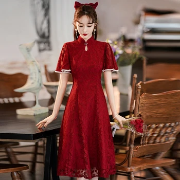 Cheongsam Tost Elbise Gelin 2023 Yeni Düğün Nişan Elbise Kırmızı Kısa kollu Sonbahar Günlük Zarif Elbise