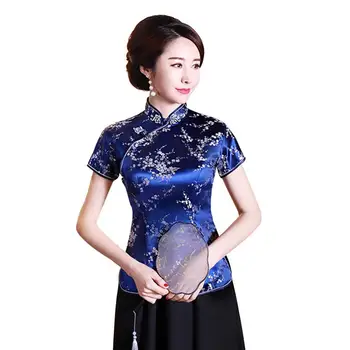 Dropshipping!! Kadın Çin Erik Çiçeği Kısa kollu Standı Yaka Düğmeleri İnce Bluz Gömlek