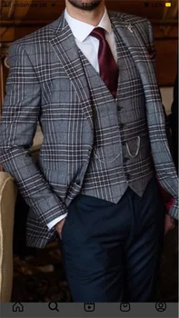 3 Parça Ekose Erkek Takım Elbise Modern Donanma Custom Made Yakışıklı Erkek Takım Elbise Tek Göğüslü Pamuk Resmi Iş Ceket + Pantolon + Yelek