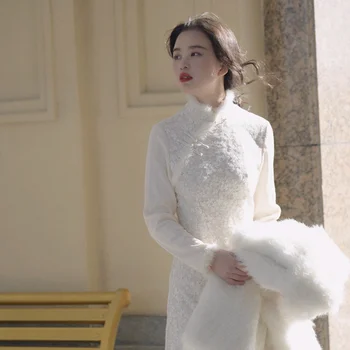 2022 Kadın Sonbahar Kış Zarif Kalın Beyaz Stand-up Yaka Uzun kollu Cheongsam Elbiseler Çin Geleneksel Yeni Yıl Qipao