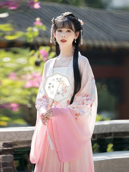 Yaz Lolita şifon elbise Kadın Cheongsam Pembe Hanfu Elbise Üç Parçalı Set Yumuşak Kız İşlemeli Hanfu Elbise Takım Elbise
