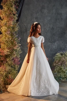 Kısa Kollu Çiçek Kız Elbise Düğün İçin A-line V Yaka Aplikler Uzun İlk Communion Elbise Kız Küçük