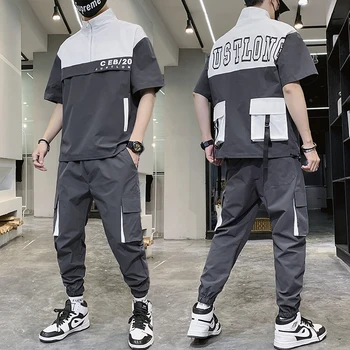 Yaz erkek eşofman 2 Parça Set Kısa Kollu T Shirt ve Pantolon Erkek spor giyim seti Jogger Setleri Erkekler Streetwear Hip Hop Takım Elbise