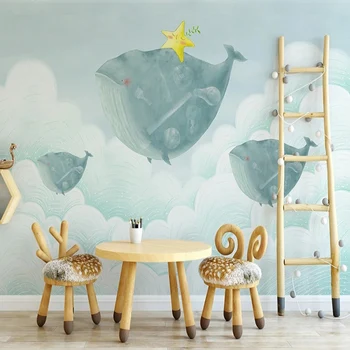 Özel Duvar Kağıdı İskandinav 3D Yaratıcı Gökyüzü Beyaz Bulut Balina çocuk odası Arka Plan Duvar Papel De Parede Ev Dekor Tapiz