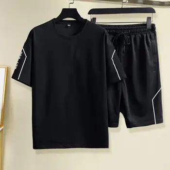 T-shirt şort takımı Elastik Bel erkek eşofman İpli Maç Pantolon Şık Orta Uzunlukta Ekip Boyun Erkek T-shirt şort takımı
