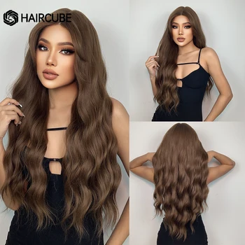 HAIRCUBE Uzun Su Dalgalı Kahverengi Dantel Ön Sentetik peruk Kadınlar ıçin Doğal Saç Orta Kısmı Günlük Cosplay ısıya Dayanıklı Peruk
