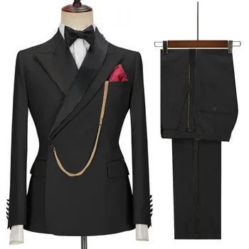 2023 Custom Made Erkek Takım Elbise Doruğa Yaka Siyah Damat Smokin İş Düğün İki Adet Ceket Pantolon Slim Fit Resmi Kostüm Homme