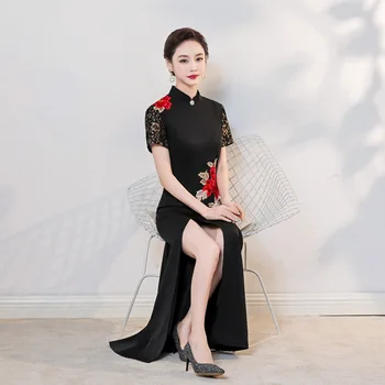 Siyah Uzun Cheongsam Podyum Mizaç Zarif Retro Çin Tarzı Balık Kuyruğu Akşam düğün elbisesi Qipao Kadınlar için
