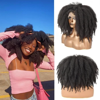 Kısa Afro Tığ Saç Dantel ön Peruk Siyah Kadınlar İçin Patlama İle Afrika Sentetik Ombre Tutkalsız Cosplay Peruk Dantel Peruk Felek