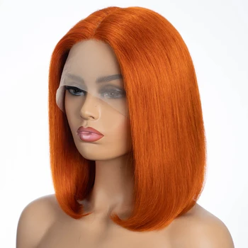 Şık Bob Saç Peruk Zencefil Turuncu İnsan saçı Peruk Kadın Renkli Dantel Remy Brezilyalı Saç Peruk Düz Bob HD T Parça Dantel Peruk