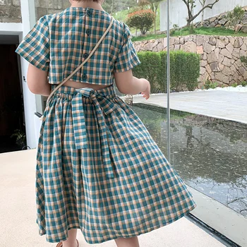 2023 Yeni Yaz Kısa Kollu rahat elbise Çocuk Giysileri Kız Giysileri Ekose Gömlek Elbise 3-7 Yıl