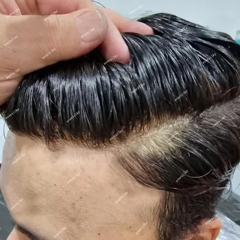 Doğal Saç Çizgisi Erkek Peruk peruk İnsan Mikro Derisi Kahverengi Siyah Saç Süper Dayanıklı İnce Cilt Tam PU Kılcal Protez Erkekler İçin