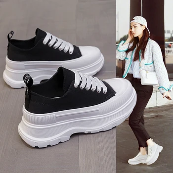 Kanvas ayakkabılar Kadın Dantel-Up Kısa Platform Çizmeler Ayak Bileği Sneakers Kızlar Sokak Yükseklik Artış Ayakkabı Tuval Nefes Tıknaz Açık
