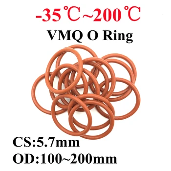 10 adet VMQ O Ring Conta Conta Kalınlığı 5.7 mm OD 100 ~ 200mm Silikon Kauçuk Yalıtımlı Su Geçirmez Yıkayıcı Yuvarlak Şekil Toksik Olmayan Kırmızı