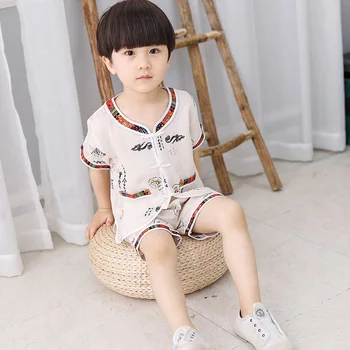 Erkek Geleneksel Çin Tarzı Tang Takım Elbise Bahar Yaz Takım Elbise Pamuk ve Keten Ulusal Tarzı Kısa Kollu çocuk Antik