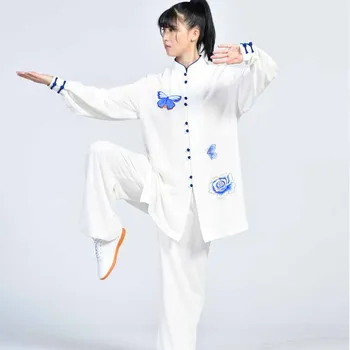 Elastik İnci Pamuk Dövüş Sanatları Tai Chi Takım Elbise Sabah Egzersiz Dövüş Sanatları Performans Kıyafet Moda Kelebek Nakış Üst