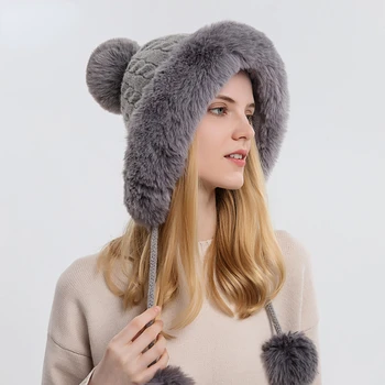 Kış Sıcak Örme Şapka Kürk Kadın Şapka Kış Kulaklığı ile İki Top Bayan Açık Kalınlaşmak Peluş Kabarık Kap Rus Şapka Kadınlar için