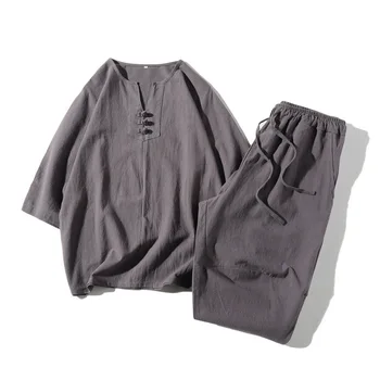 Yourqıpao Çin Tarzı Kimono Kısa Kollu tişört Pantolon Iki Parçalı Erkek Üstleri Pantolon Takım Elbise Erkek Tang Takım Elbise Geleneksel Setleri