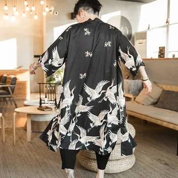 3XL 4XL 5XL 6XL Kimono Kıyafeti Hırka Baskı Vinç Yarım Kollu Erkek Bornoz Japon Geleneği Yukata Haori Streetwear
