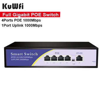KuWFi Tam Gigabit POE Anahtarı 4 Port Standart RJ45 10/100/1000Mbps Ethernet Anahtarı Desteği 802.3 af / at IP Kamera İçin