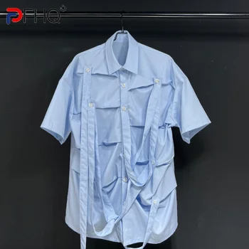 PFHQ 2023 Yaz Yeni Moda Rahat Şerit Gömlek Erkekler İçin Kısa Kollu Tek Göğüslü Gevşek erkek Bluz Giyim Gelgit 21F3736