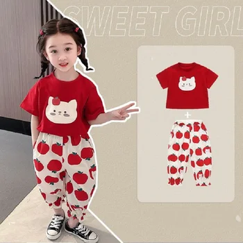 Yaz Bebek Kedi Elma Desen Giyim Seti Kızlar Kısa Kollu Tişört Üst ve Pantolon İki Adet Kıyafetler Çocuk O Boyun Eşofman