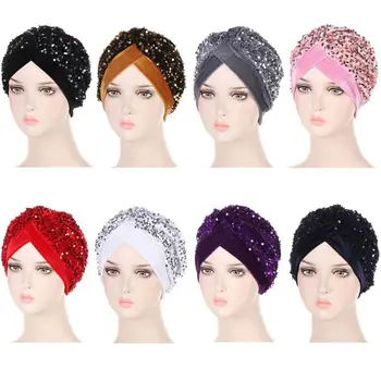 Kadın Kafa Bandı Glitter Sequins Başörtüsü Başörtüsü Kemo Kap Müslümanlar Kaput Türban Şapka Kafa Sarar