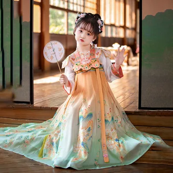 Kızın 2023 Yeni Geliştirilmiş Tang İşlemeli Tarzı Hanfu Uzun Kollu Turuncu uzun elbise Flama İle Geleneksel Bahar Prenses Kostüm