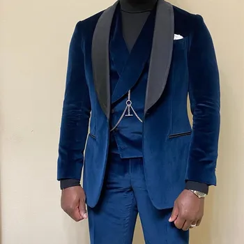 Kostüm Yapımı Koyu Mavi Kadife Erkek Takım Elbise 3 ADET Düğün Damat Smokin Bir Düğme Slim Fit Balo Siyah Şal Yaka Blazer