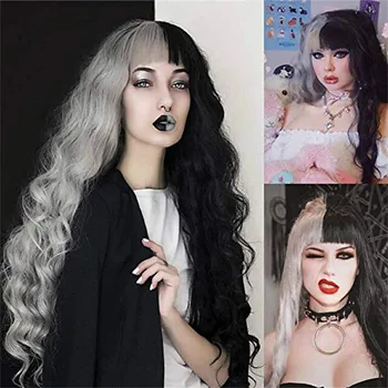 Evrensel COS peruk uzun kıvırcık saç dalgalı renk eşleştirme siyah gri peruk patlama kadın tam Peruk yüksek sıcaklığa dayanıklı kablo Parti Peruk