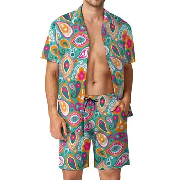 70s 60s Boho Retro Erkekler Setleri Hippy Chic Baskı Rahat Şort Beachwear Gömlek Seti Yaz Hawaii Takım Elbise Kısa Kollu Büyük Boy