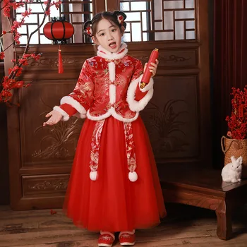 Yeni Yıl Kız Kırmızı Phoenix Baskı Hanfu Giyim Sıcak Cheongsam Çin Tang Takım Elbise Çocuk Kış Artı Kadife Sevimli Parti Elbise